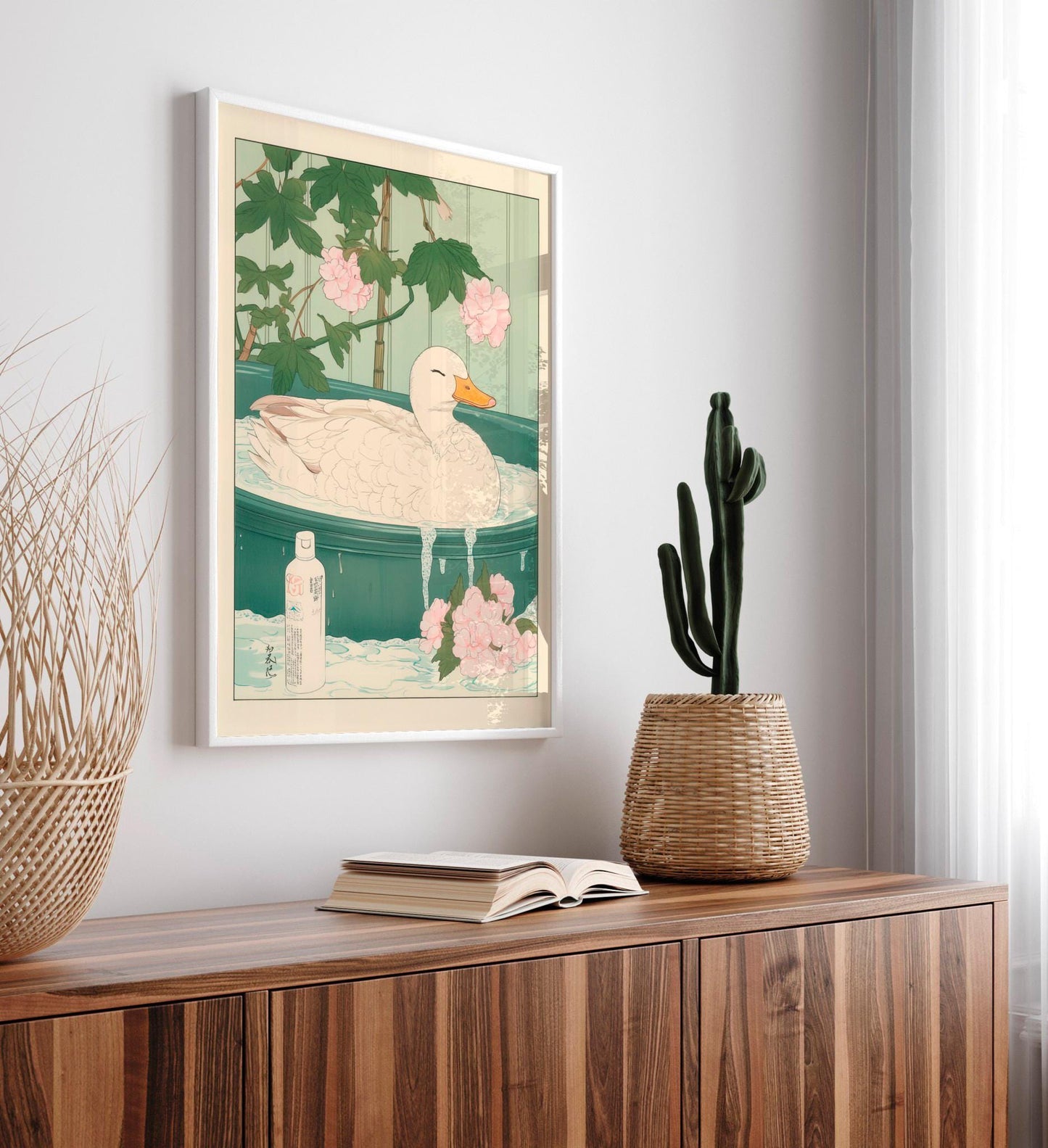 Duck in Bathtub Art Print: Japanese Ukiyo-e Style, Neutral Bathroom Decor