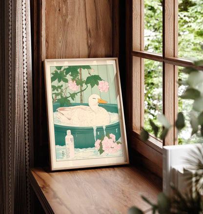 Duck in Bathtub Art Print: Japanese Ukiyo-e Style, Neutral Bathroom Decor