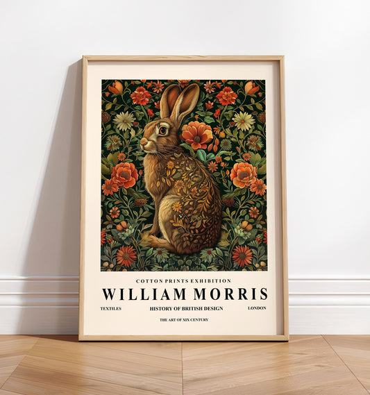 William Morris Rabbit Print: Botanical Hare Art, Dark Cottagecore Decor