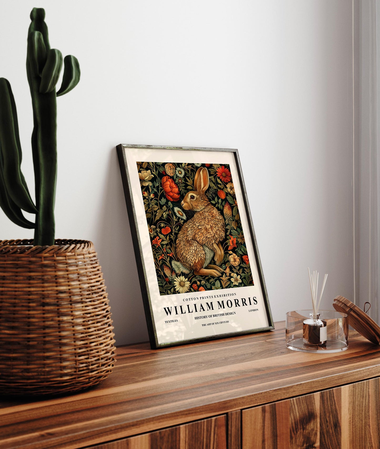 Rabbit Art Print: William Morris Style Dark Botanical Wall Decor