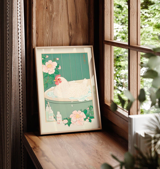 Chicken in Bathtub Art Print: Japanese Ukiyo-e Style Bathroom Decor