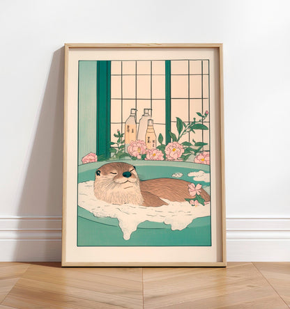 Funny otter art print, Japanese bathroom print, Aesthetic relaxation art, Japandi poster, Aesthetic minimalism artwork, Neutral wall art