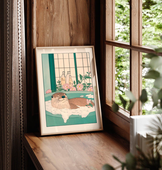 Funny otter art print, Japanese bathroom print, Aesthetic relaxation art, Japandi poster, Aesthetic minimalism artwork, Neutral wall art