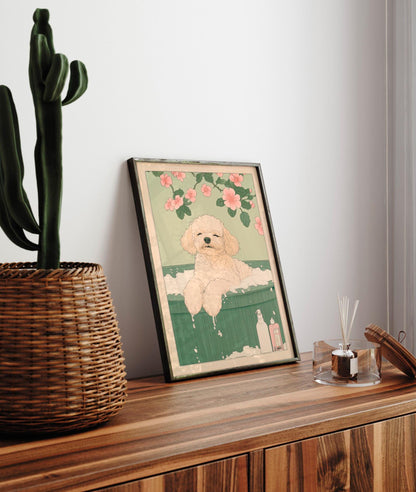 Toy Poodle in Bathtub Art Print: Japanese Ukiyo-e Illustration