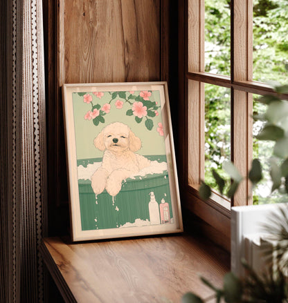 Toy Poodle in Bathtub Art Print: Japanese Ukiyo-e Illustration