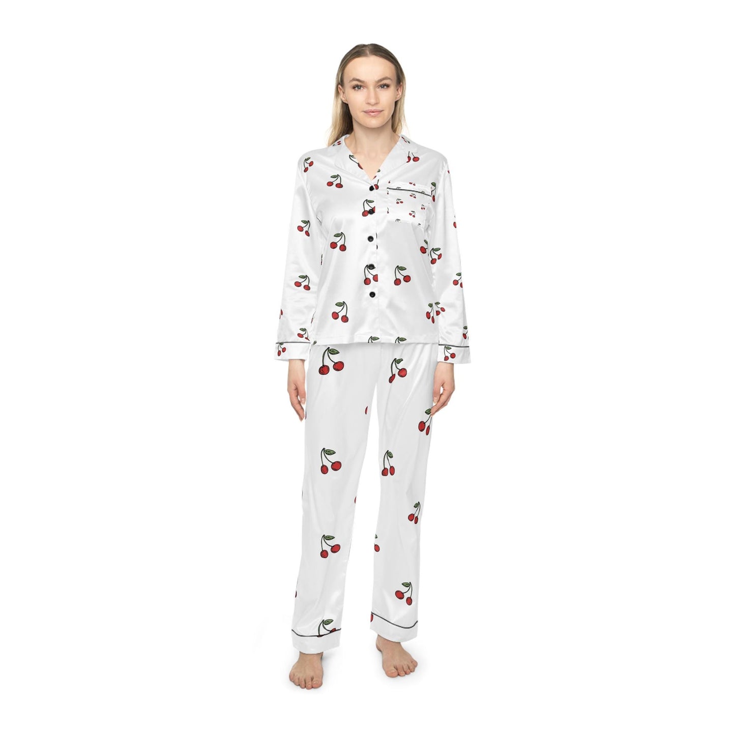 Sleep soundly with these Satin Cherry Pajamas, Cute Cherry Print Pajama Set, Soft Satin Sleepwear, Cherry Patterned Loungewear, Gift for Her
