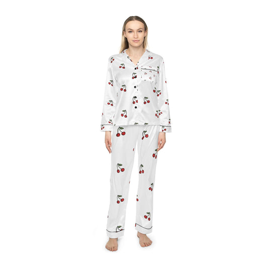 Sleep soundly with these Satin Cherry Pajamas, Cute Cherry Print Pajama Set, Soft Satin Sleepwear, Cherry Patterned Loungewear, Gift for Her