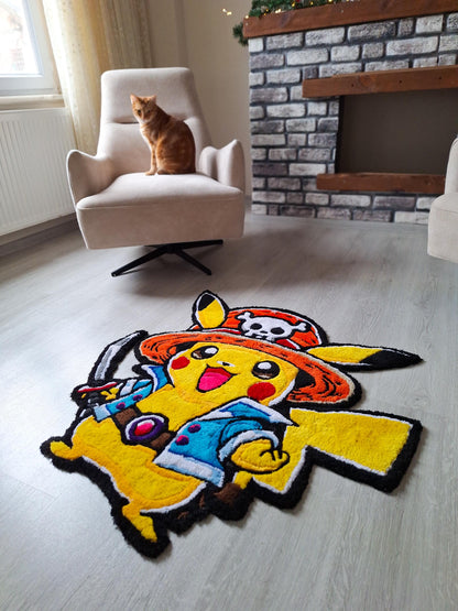 Handmade Tufted Anime Rug: Pikachu & One Piece Design - Monkey D. Pikachu