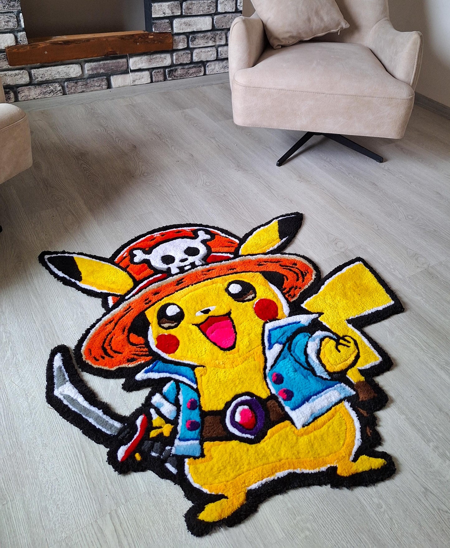 Handmade Tufted Anime Rug: Pikachu & One Piece Design - Monkey D. Pikachu