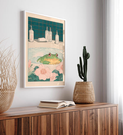 Frog in Bathtub Art Print: Japandi Bathroom Wall Decor