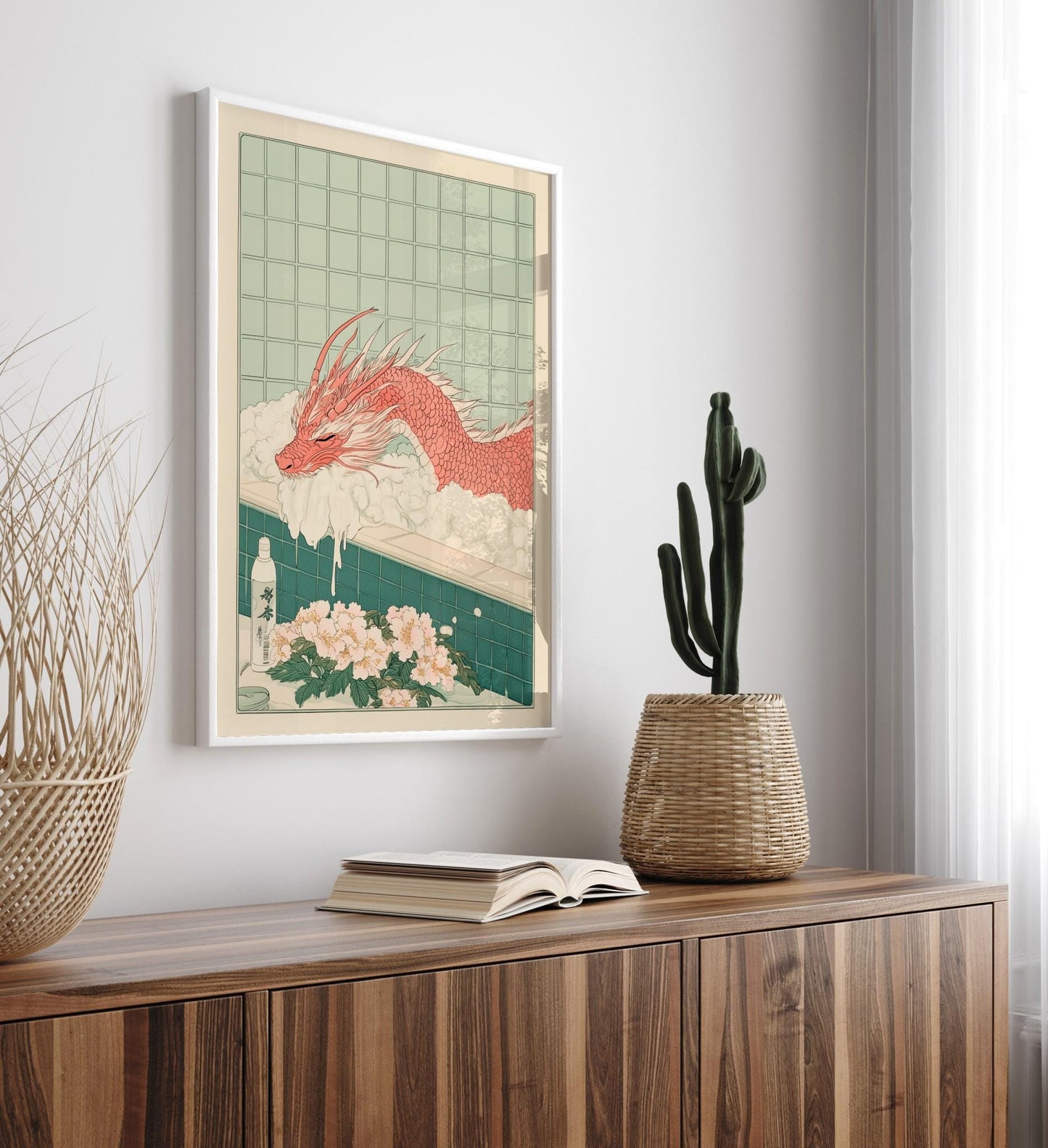 Red Dragon Bath Print: Ukiyo-e Japanese Art, Japandi Bathroom Decor