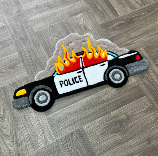 Burning car rug  Fire rug  Police car rug Cop car Custom rug Tufted Rug Rugs for bedroom aesthetic cute rug ACAB rug Car with Fire cool rug