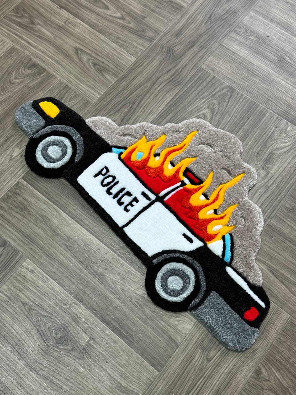 Burning car rug  Fire rug  Police car rug Cop car Custom rug Tufted Rug Rugs for bedroom aesthetic cute rug ACAB rug Car with Fire cool rug