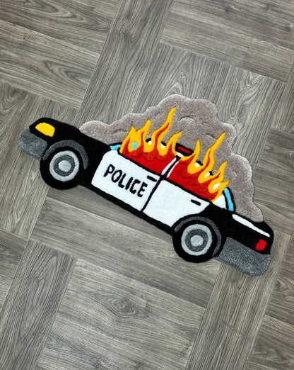 Burning car rug  Fire rug  Police car rug Cop car Custom rug Tufted Rug Rugs for bedroom aesthetic cute rug ACAB rug Car with Fire cool rug