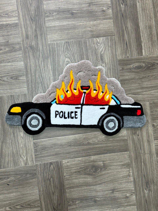 Burning car rug  Fire rug  Police car rug Cop car Custom rug Tufted Rug Rugs for bedroom aesthetic cute rug ACAB rug Car with Fire cool rug
