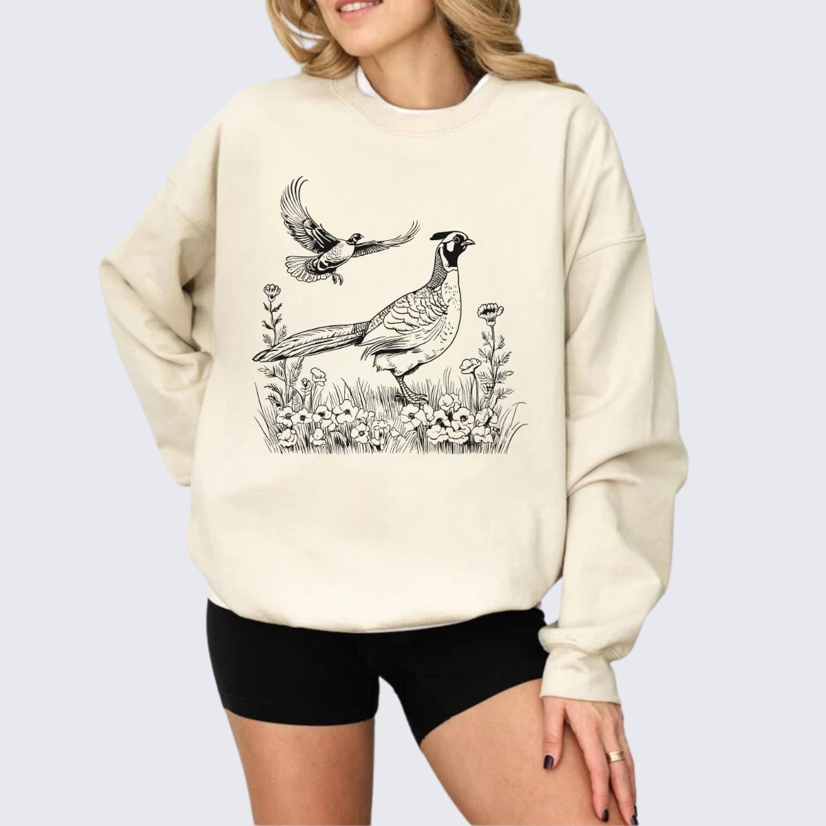 Pheasant Wilderness Scene Sweatshirt, Wildlife Bird Sweater, Nature Crewneck, Game Bird Hunting Pullover, Pheasant Gifts