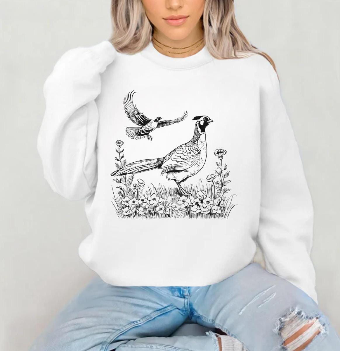 Pheasant Wilderness Scene Sweatshirt, Wildlife Bird Sweater, Nature Crewneck, Game Bird Hunting Pullover, Pheasant Gifts