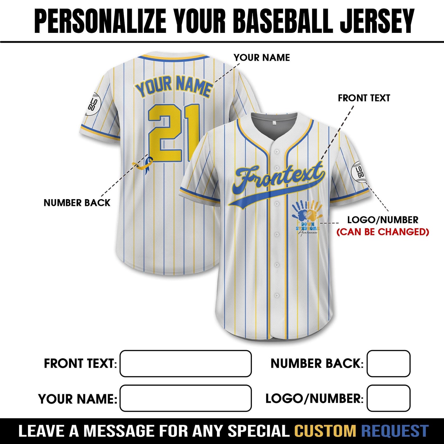 Personalized Name World Down Syndrome Awareness Baseball Jersey, Custom Color World Down Syndrome Day Jersey, Down Syndrome Awareness Gift