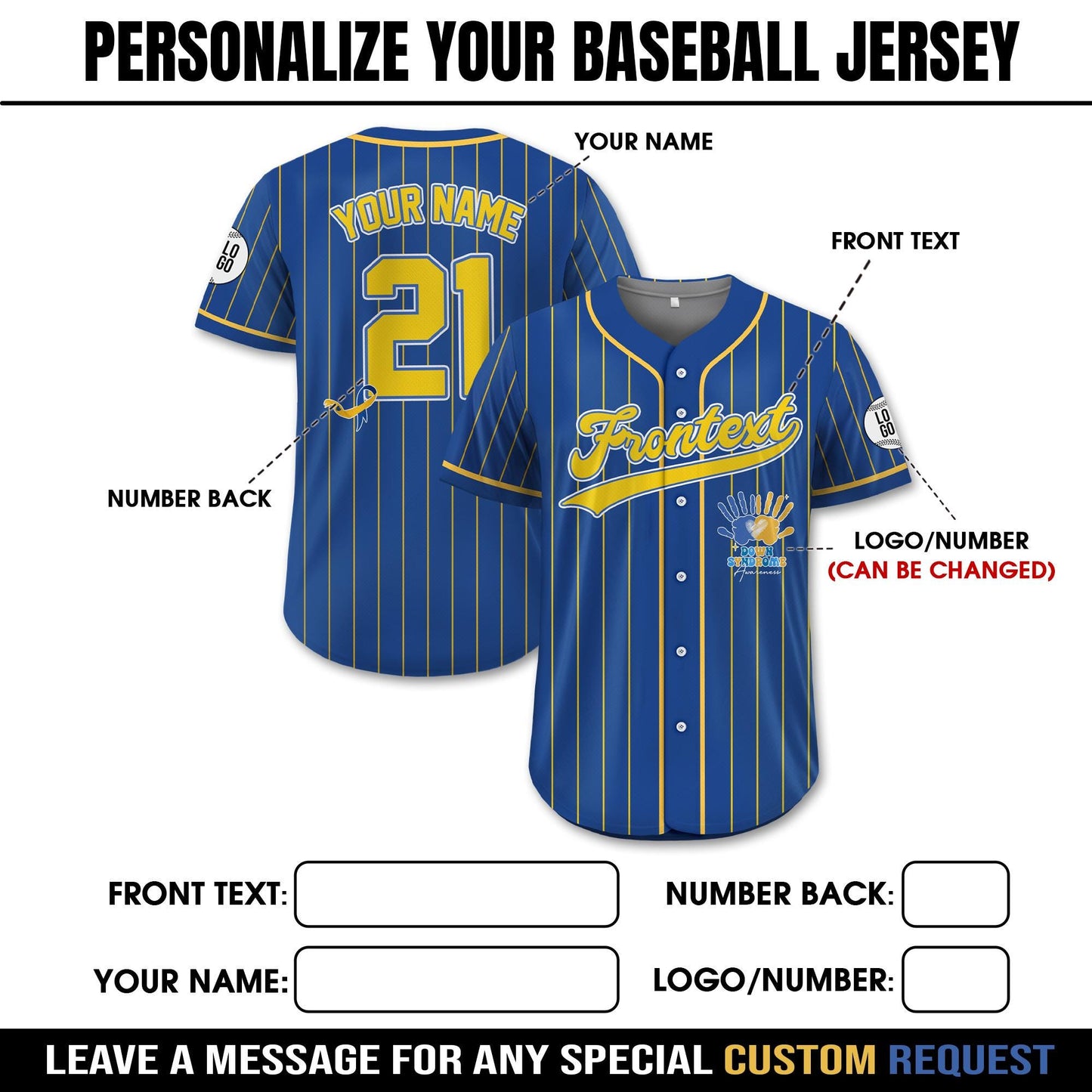 Personalized Name World Down Syndrome Awareness Baseball Jersey, Custom Color World Down Syndrome Day Jersey, Down Syndrome Awareness Gift