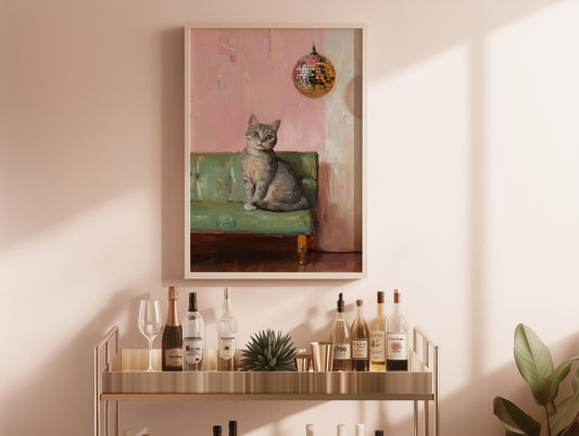 Tabby Cat with Disco Ball Art Print | Cute Quirky Whimsical | Cocktail Art Bar Cart Decor | Fine Art Print Gift | Trendy Home Wall Art Print