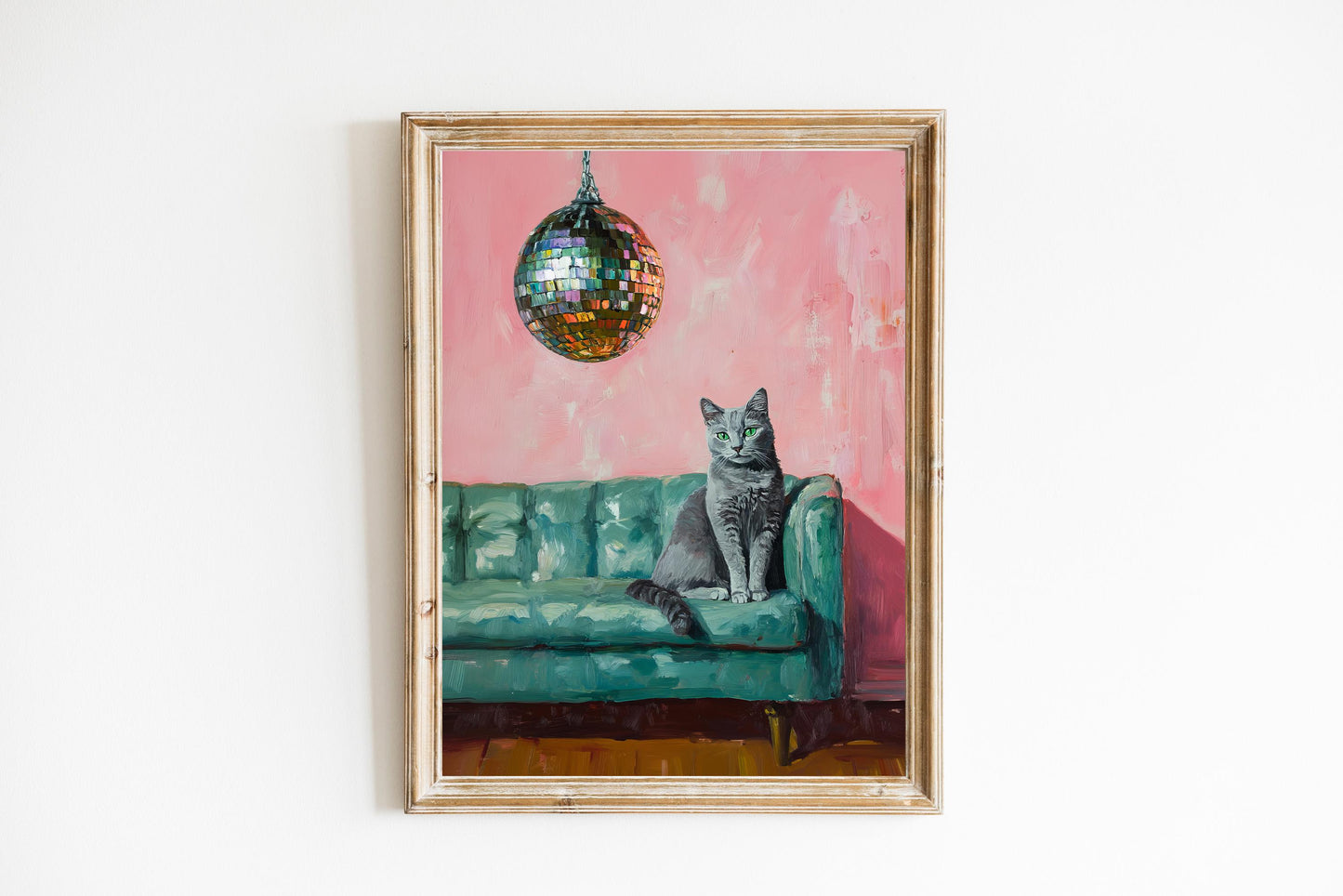 Russian Blue Cat with Disco Ball Fine Art Print | Cute Quirky Whimsical | Disco Ball Cat | Bar Cart Decor | Trendy Home Wall Art Gift