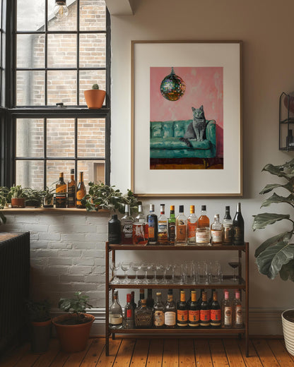 Russian Blue Cat with Disco Ball Fine Art Print | Cute Quirky Whimsical | Disco Ball Cat | Bar Cart Decor | Trendy Home Wall Art Gift