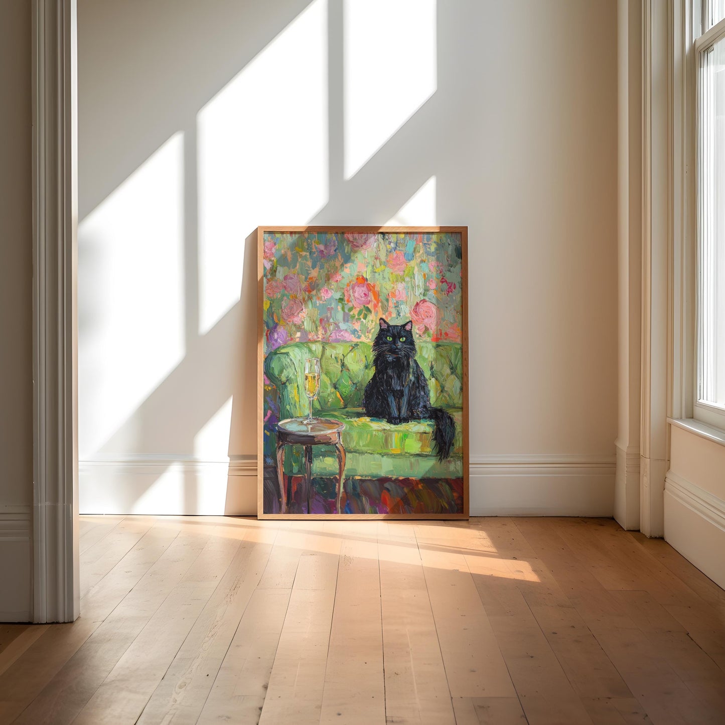 Black Cat with Champagne Art Print: Quirky Retro Bar Cart Decor