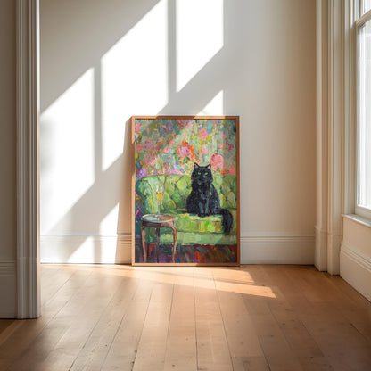 Black Cat with Champagne Art Print: Quirky Retro Bar Cart Decor