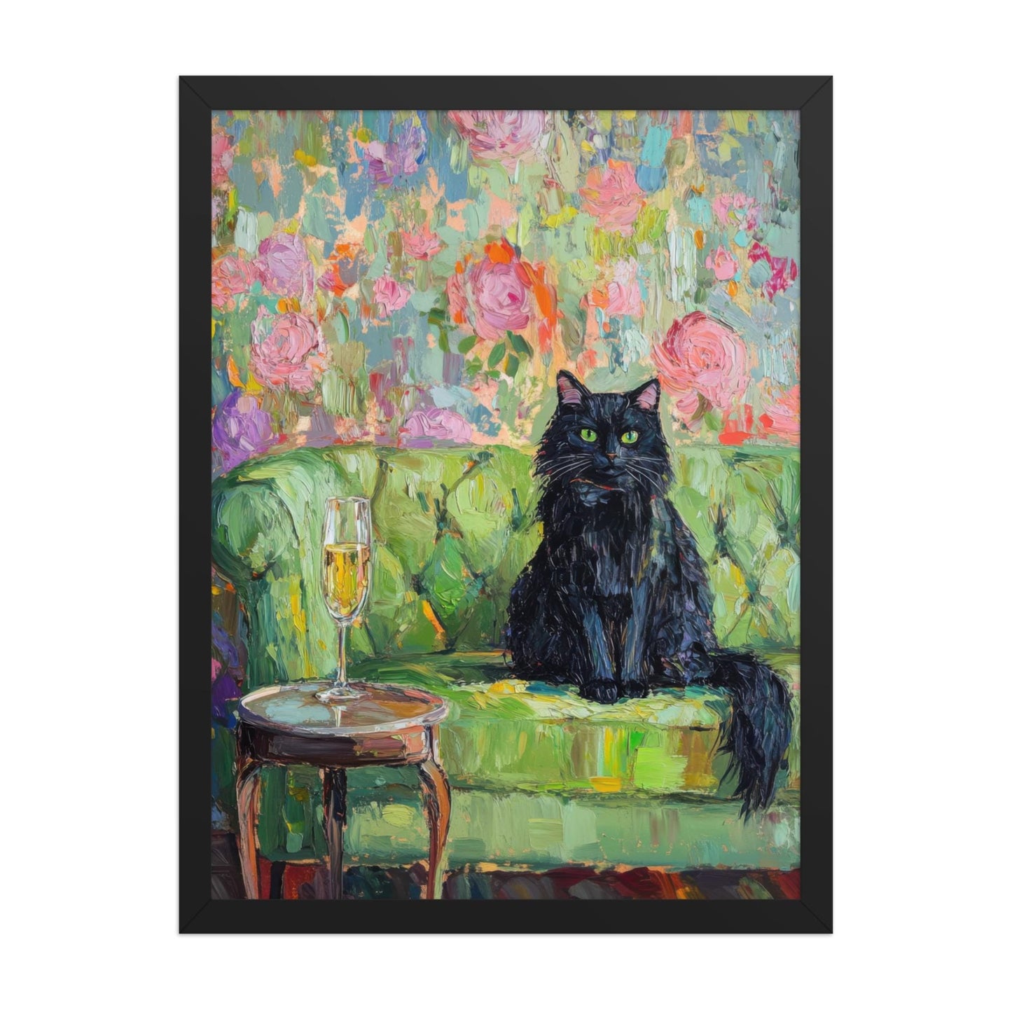Black Cat with Champagne Art Print: Quirky Retro Bar Cart Decor
