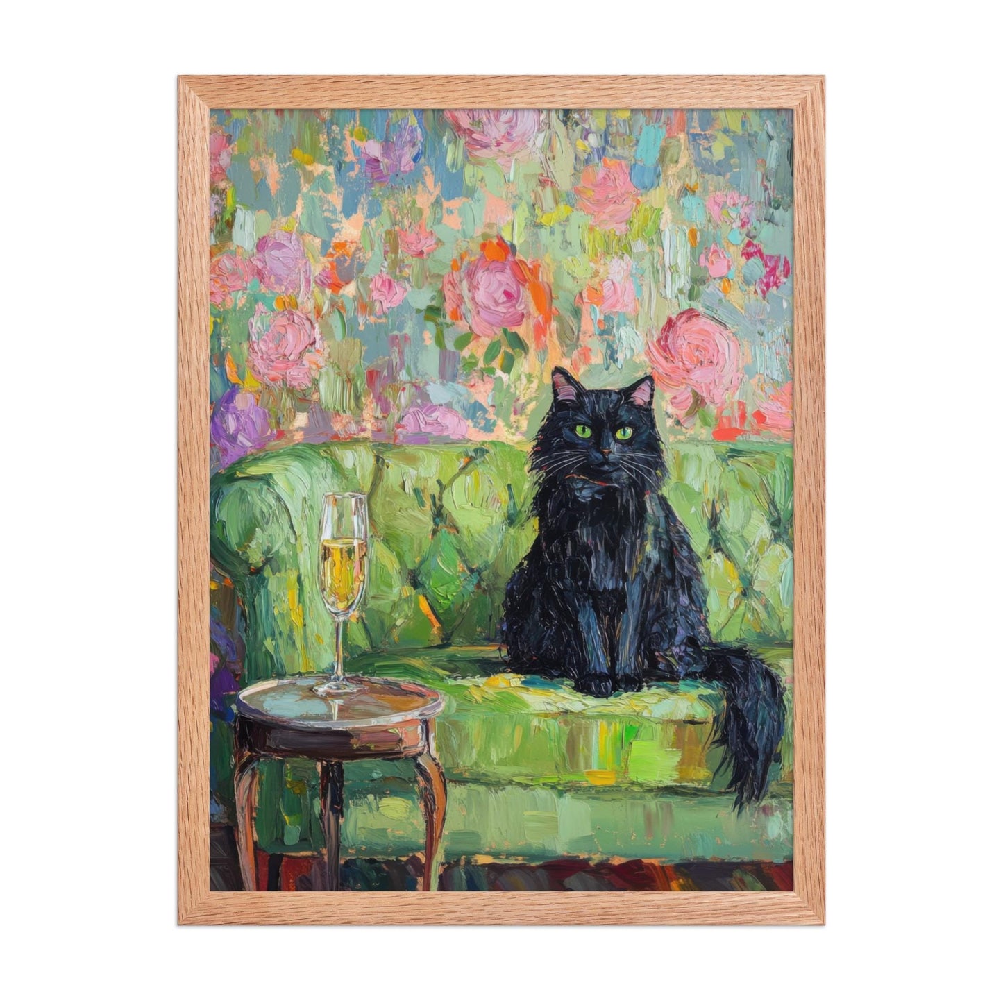 Black Cat with Champagne Art Print: Quirky Retro Bar Cart Decor