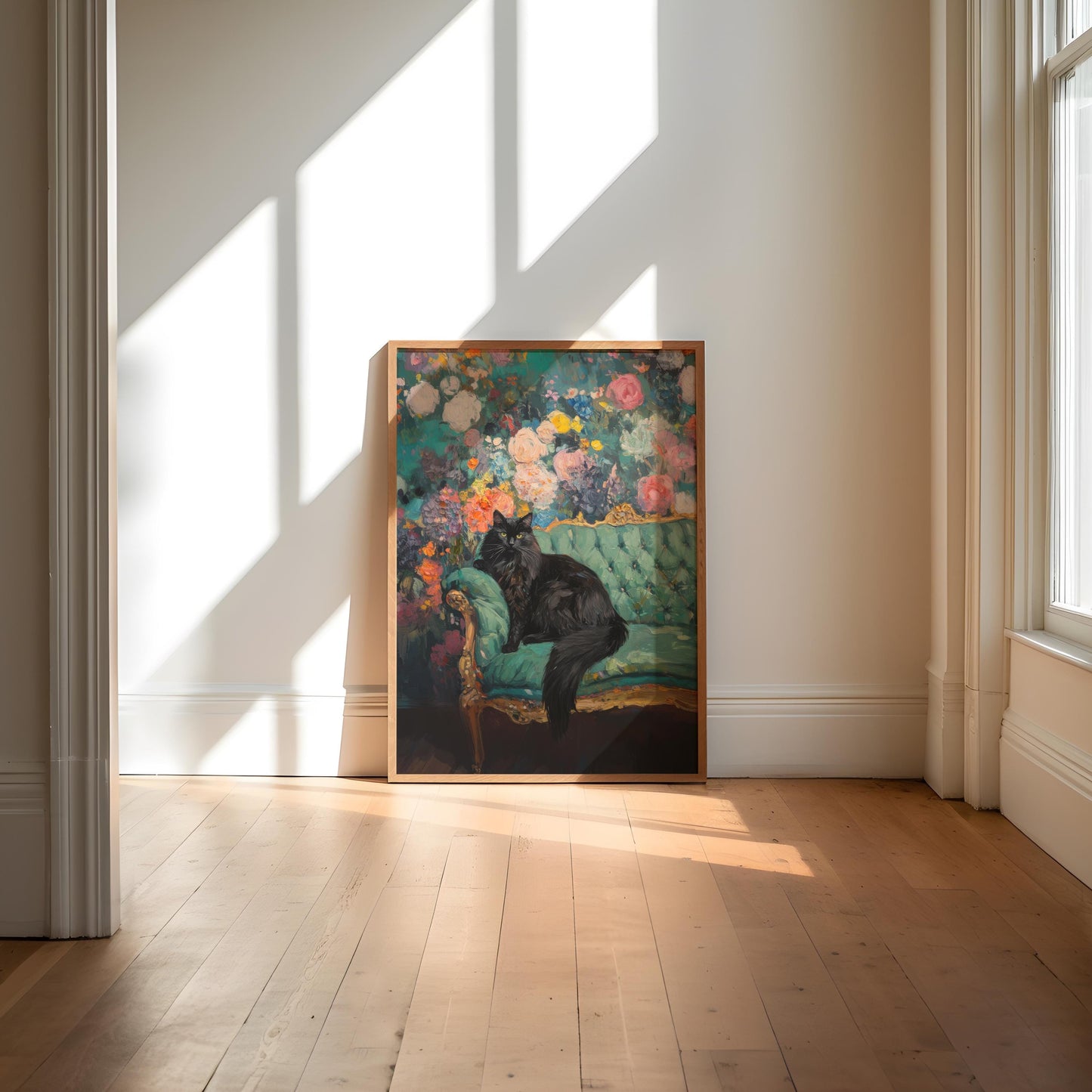 Black Cat Floral Art Print: Quirky Retro Home Decor