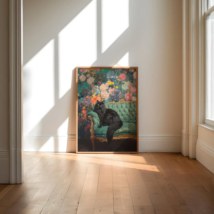 Black Cat Floral Art Print: Quirky Retro Home Decor