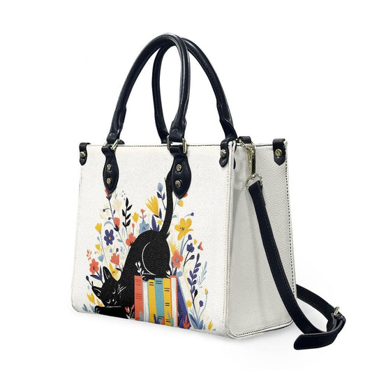 Ladies PU handbag With Cat sleeping on books, Women's Shoulder Bag, Everyday handbag, Ladies Work Bag, Elegant Handbag, Versatile Bag