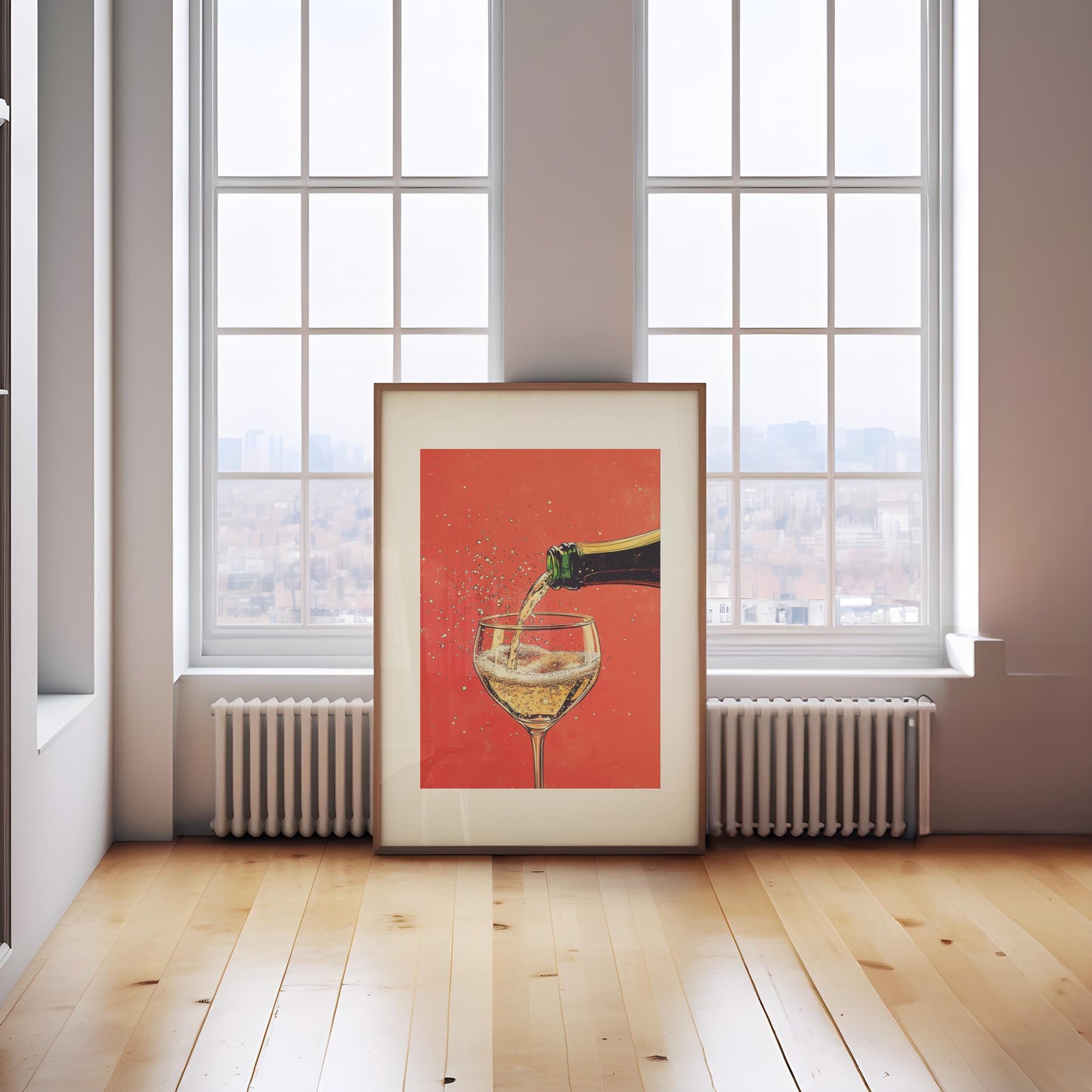 Champagne Coupe Glass Print: Gold Rim, Red Orange Bar Cart Art