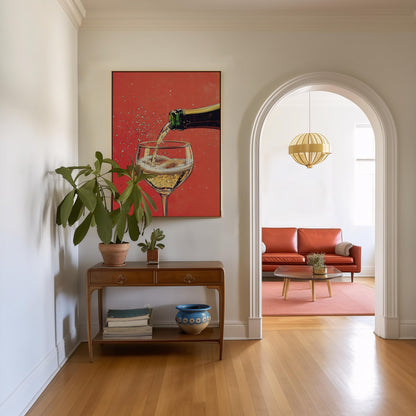 Champagne Coupe Glass Print: Gold Rim, Red Orange Bar Cart Art