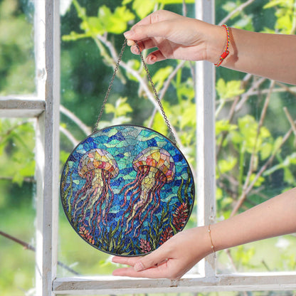 Stained Glass Jellyfish Sun Catcher Handmade Window Decor Gift for Ocean Lovers