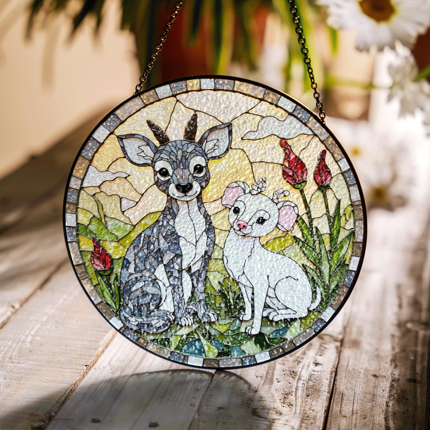 Stained Glass Dogs Suncatcher Chihuahua and Deer Handcrafted Gift for Dog Lovers