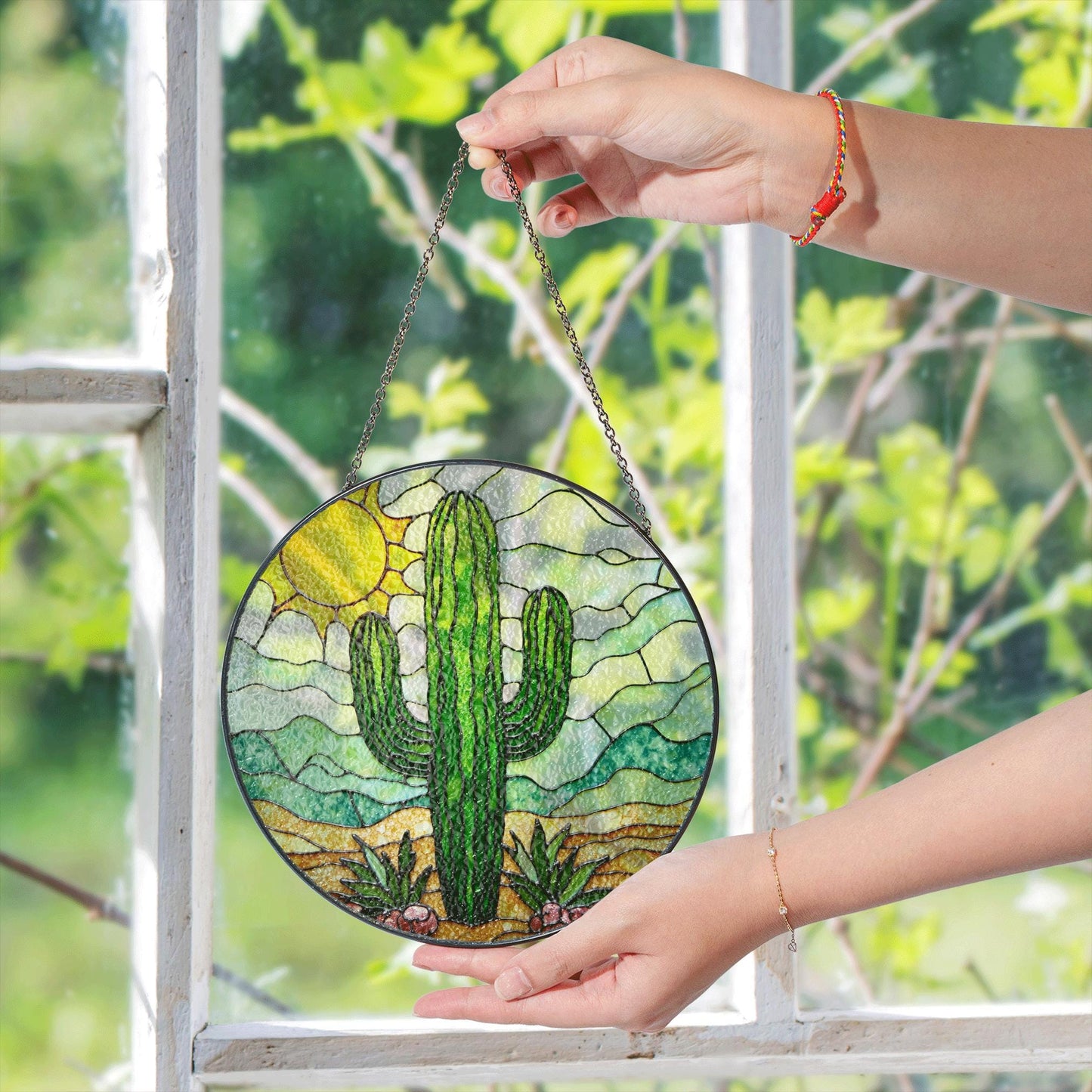Cactus Stained Glass Sun Catcher Desert Landscape Green Cactus Gifts for Garden Lovers Home Decor