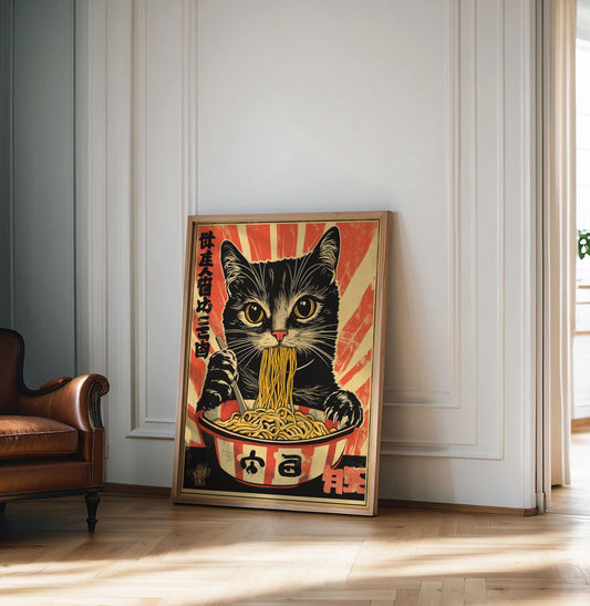 Vintage Cat Eating Ramen, Noodles Poster, Funny Black Cat Wall Art, Kitchen Decor, Japanese Inspired Cat Art Print, Cat Lover Gift