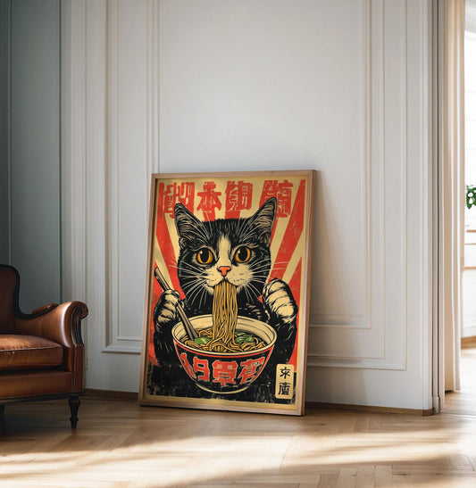Retro Japanese Cat Ramen Poster - Vintage-Style Wall Art Featuring Cute Cat Eating Noodles - Unique Asian-Inspired Kitchen Decor, Gift Idea