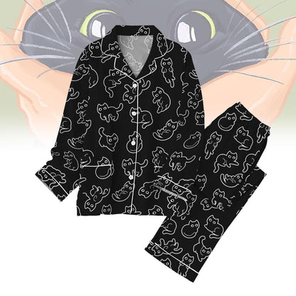 Black Cats Pajamas Set, Funny Cat Womens Pajamas, Cute Animal Shirt, Family Pajamas For Party, Black Cats Midnight Shirt, Gift For Her