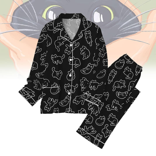 Black Cats Pajamas Set, Funny Cat Womens Pajamas, Cute Animal Shirt, Family Pajamas For Party, Black Cats Midnight Shirt, Gift For Her