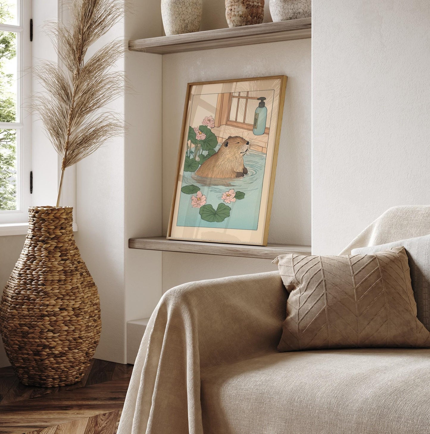 Kawaii Beaver Ukiyo-e Print: Funny Bathroom Japandi Wall Art