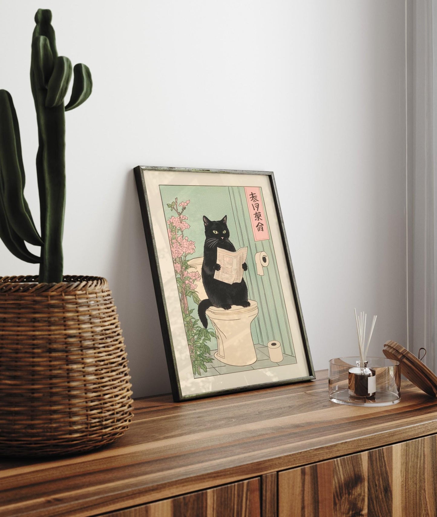 Japanese Black Cat on Toilet Print: Funny Bathroom Wall Art