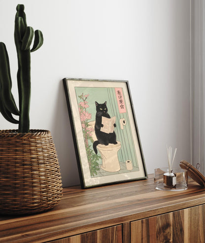Japanese Black Cat on Toilet Print: Funny Bathroom Wall Art