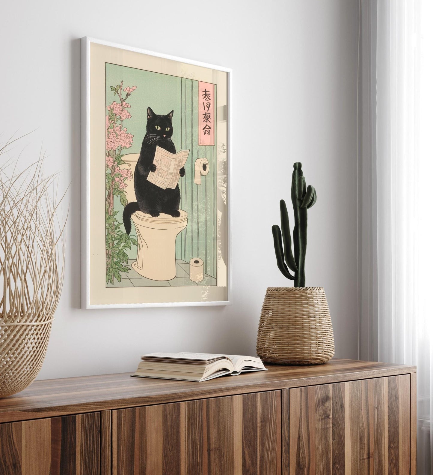 Japanese Black Cat on Toilet Print: Funny Bathroom Wall Art