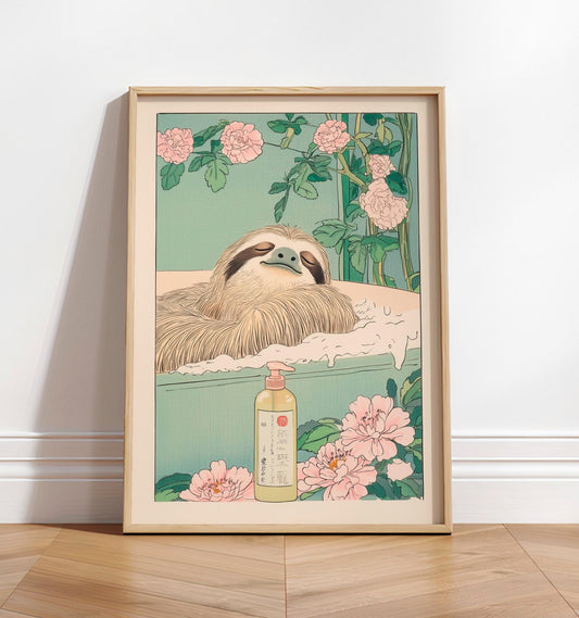 Sloth in Bathtub Ukiyo-e Print: Japandi Bathroom Wall Art