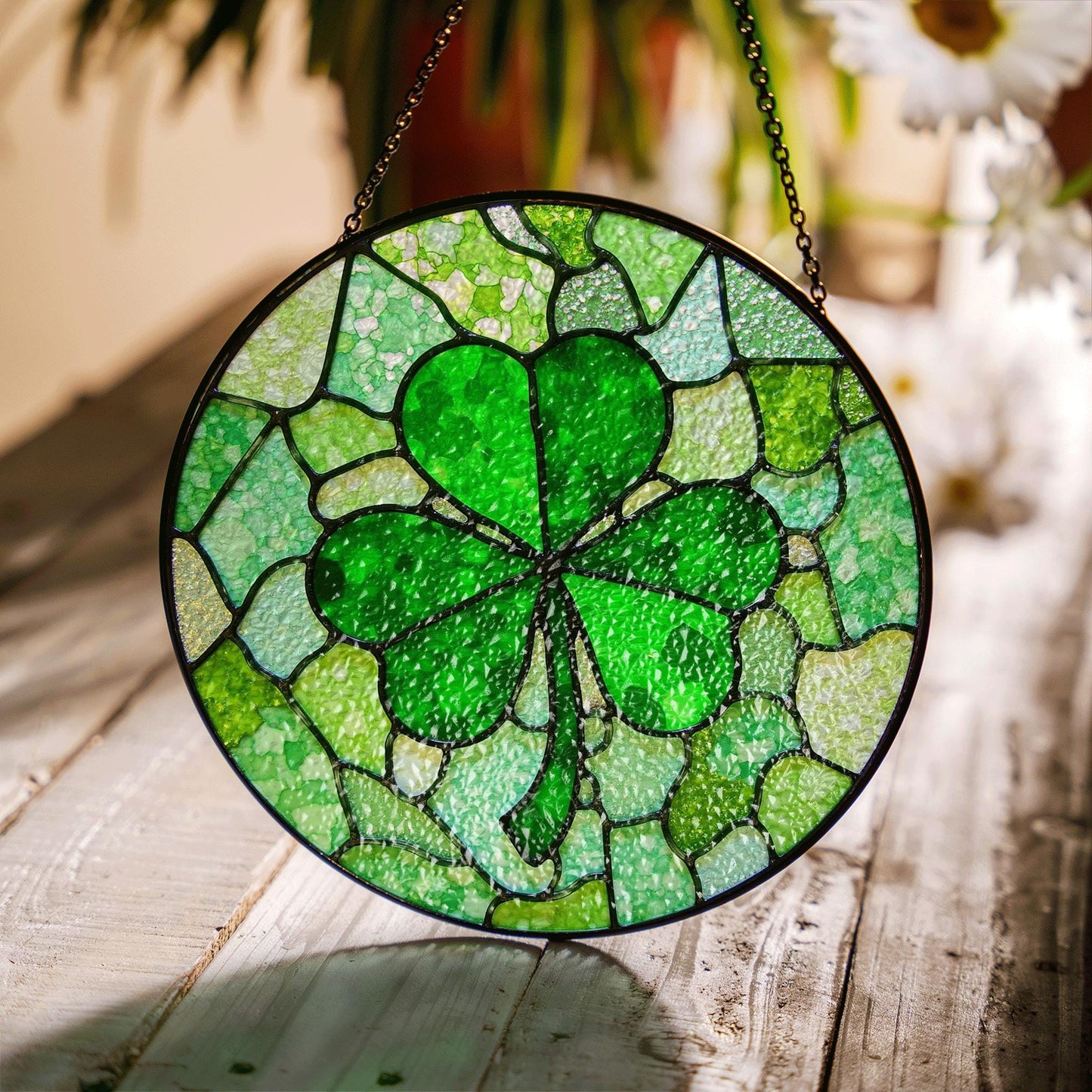 Green Four Leaf Clover Stained Glass Suncatcher Window Decoration Unique Gift for St Patrick's Day