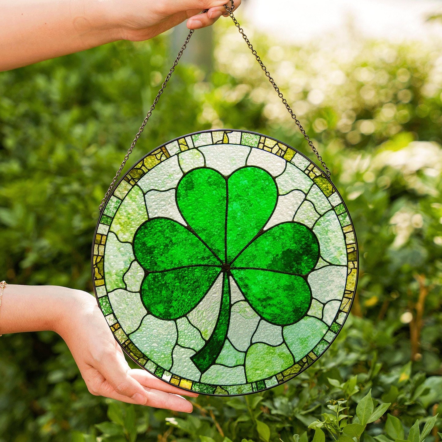 Green Four Leaf Clover Stained Glass Suncatcher Lucky Gift for St Patrick's Day Home Decoration