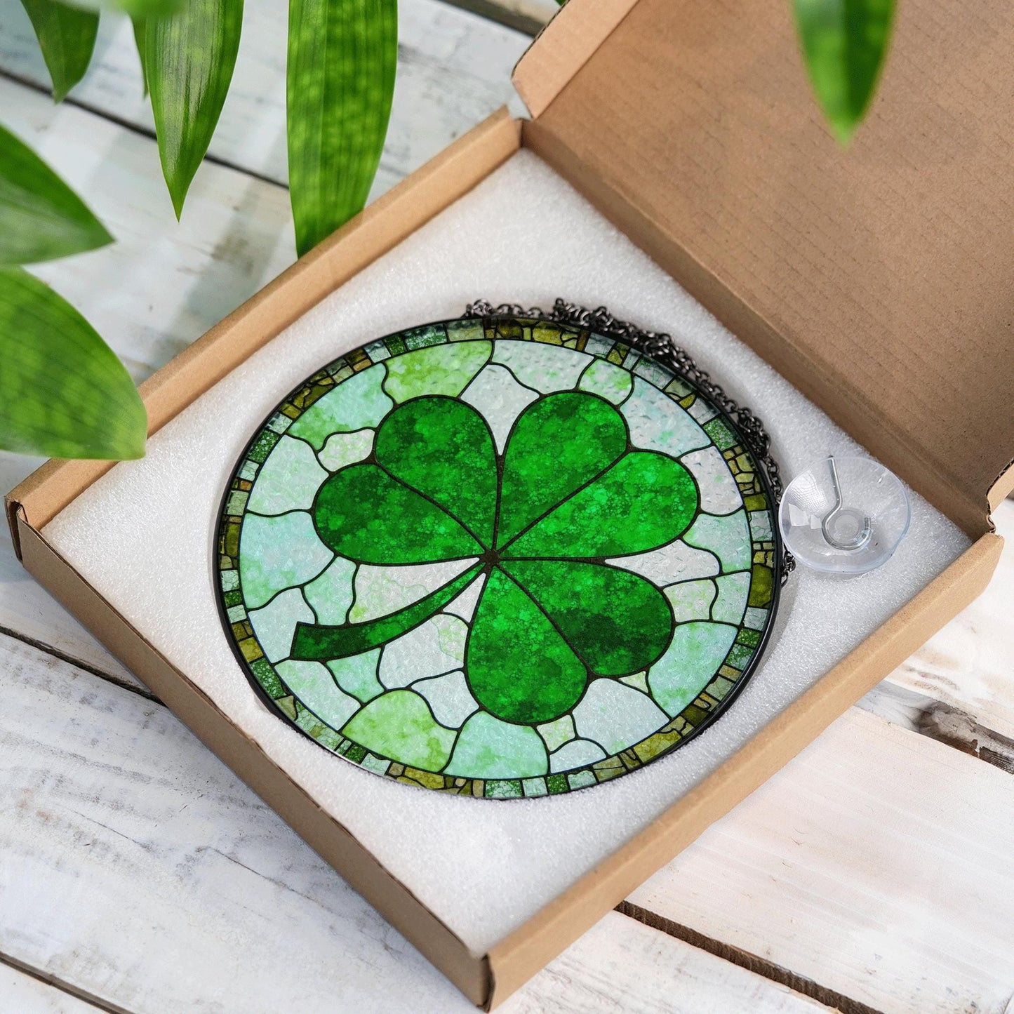 Green Four Leaf Clover Stained Glass Suncatcher Lucky Gift for St Patrick's Day Home Decoration